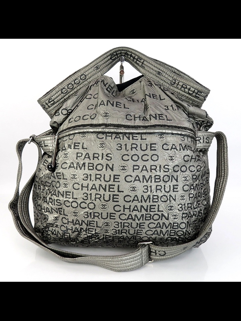 CHANEL Silver Logo-Print Nylon Shoulder Bag with Adjustable Strap